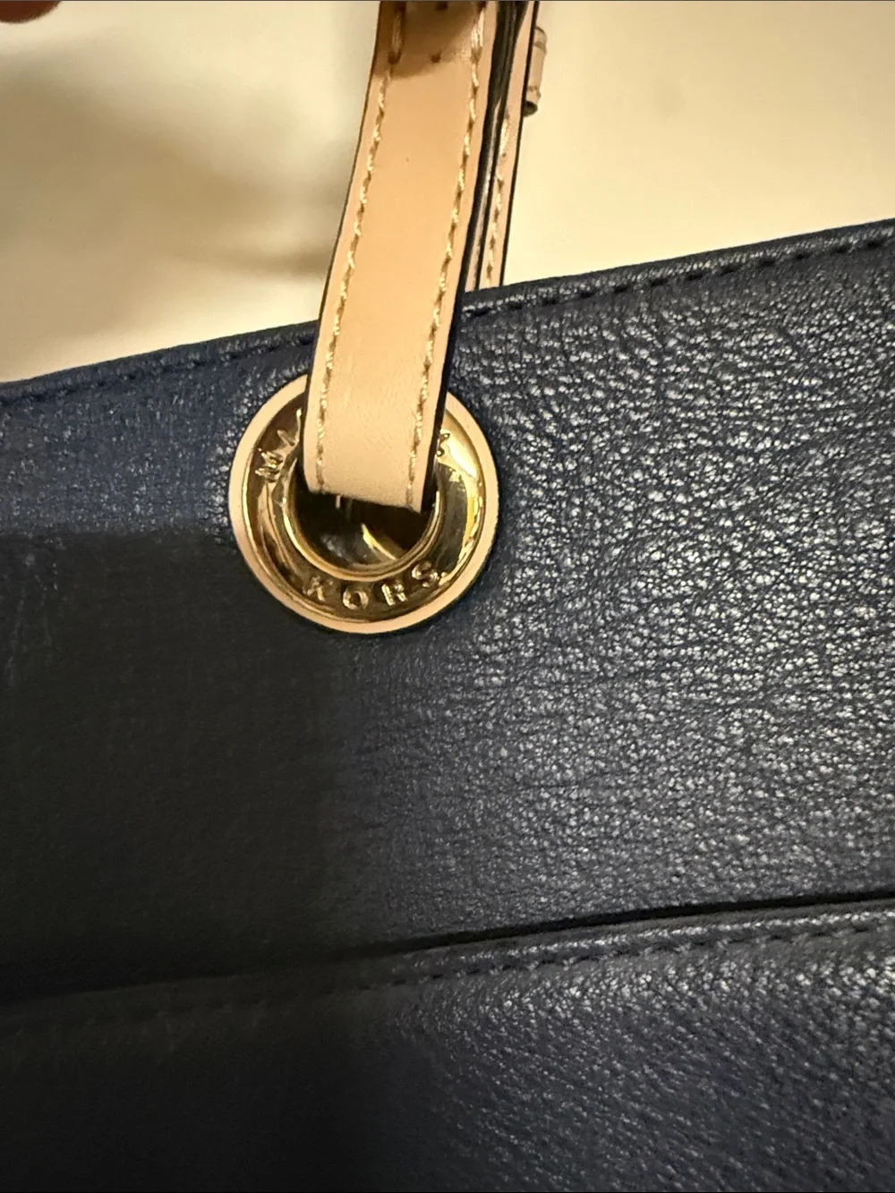 Michael Kors Navy Leather Tote with Beige Straps